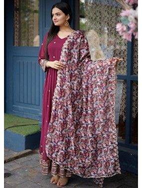 Wine Embroidered Readymade Anarkali Suit In Georgette