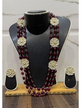Maroon Beaded Multichain Necklace Set