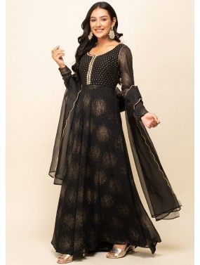 Black Printed Georgette Readymade Anarkali Suit