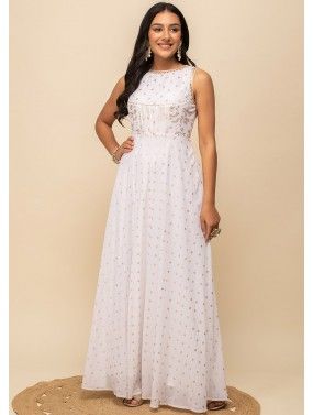 White Printed Readymade Anarkali Suit In Georgette