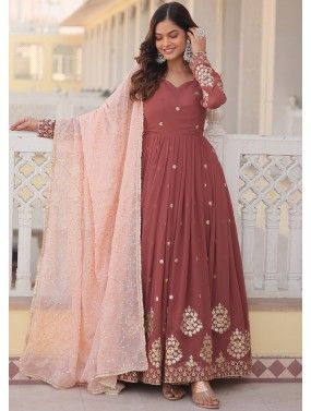 Brown Readymade Embroidered Georgette Anarkali Suit
