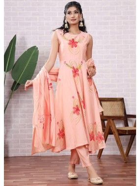 Readymade Peach Hand Painted Anarkali Pant Suit