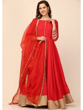 Readymade Red Laced Anarkali Suit In Art Silk