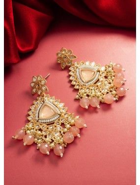 Peach Alloy Based Kundan Studded Earrings