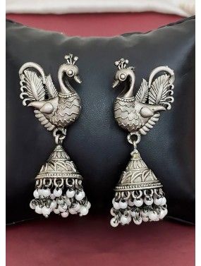 Silver Embossed Oxidised Jhumka Earrings