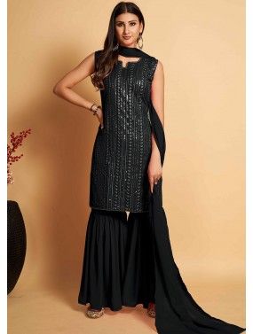 Black Georgette Readymade Embroidered Gharara Suit