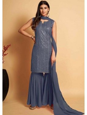 Blue Readymade Embroidered Gharara Suit In Georgette