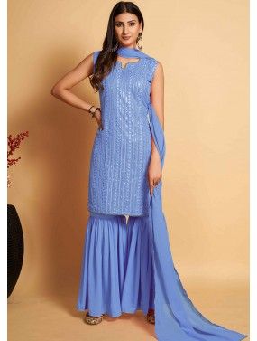 Blue Georgette Readymade Gharara Suit In Thread Embroidery