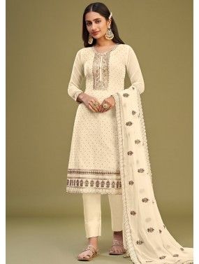 Cream Embroidered Georgette Pant Suit Set