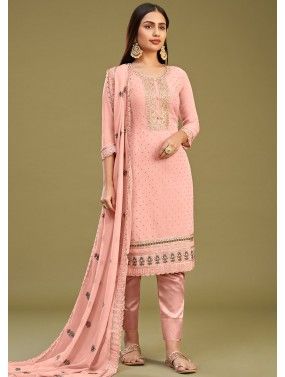 Peach Georgette Pant Suit In Thread Embroidery