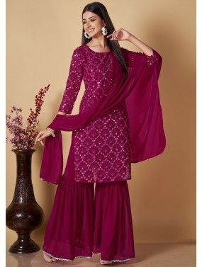 Magenta Readymade Georgette Gharara Suit In Thread Embroidery 