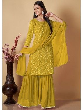 Yellow Readymade Embroidered Gharara Suit In Georgette