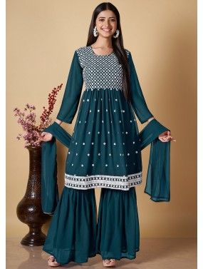 Readymade Teal Blue Embroidered Gharara Suit