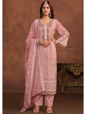 Peach Thread Embroidered Organza Pant Suit 