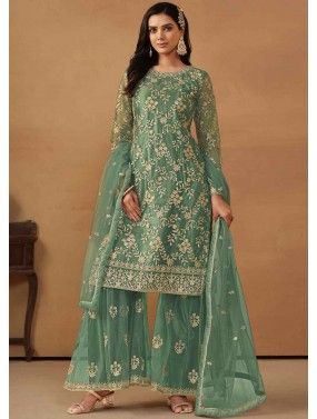 Green Embroidered Gharara Suit Set In Net
