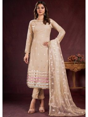 Beige Thread Embroidered Pant Style Suit