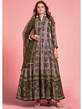 Multicolor Readymade Art Silk Anarkali Suit In Digital Print