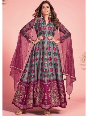 Multicolor Digital Printed Readymade Anarkali Suit In Art Silk