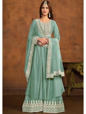 Pastel Blue Georgette Palazzo Suit In Cord Embroidery