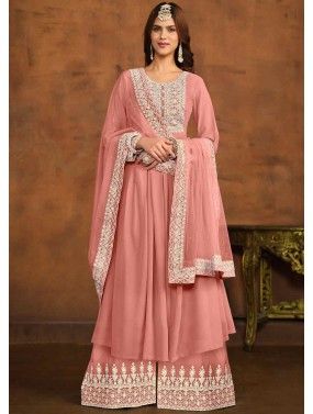 Peach Georgette Embroidered Palazzo Suit Set 4918SL02