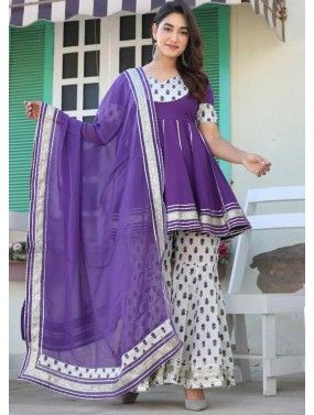 Purple Readymade Printed Flared Style Cotton Gharara Suit