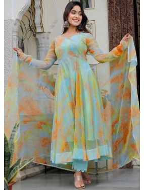 Multicolor Readymade Digital Printed Anarkali Suit In Organza