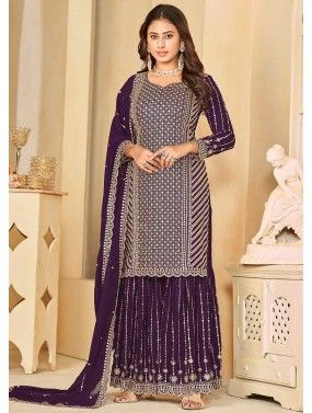 Purple Thread Embroidered Gharara Suit In Georgette