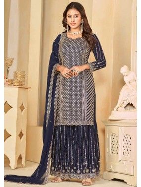 Blue Georgette Gharara Suit In Thread Embroidered 