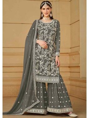 Grey Embroidered Gharara Suit Set