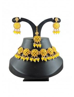 Yellow Necklace Set In Beads & Stone Work