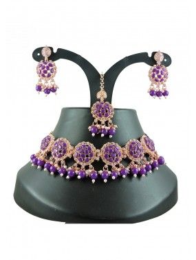 Purple Stone & Beads Studded Necklace Set 