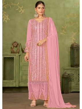 Pink Embroidered Pant Suit Set In Georgette Latest 4815SL01
