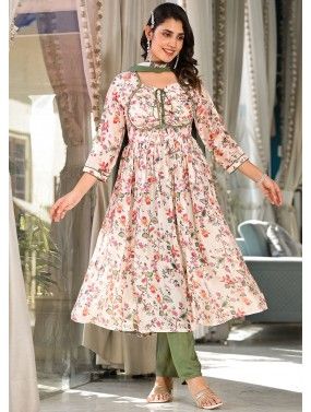 Cream Floral Print Anarkali Style Suit