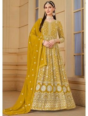 Yellow Embroidered Pant Style Suit In Georgette 4112SL02