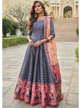 Blue Digital Printed Readymade Anarkali Suit In Cotton