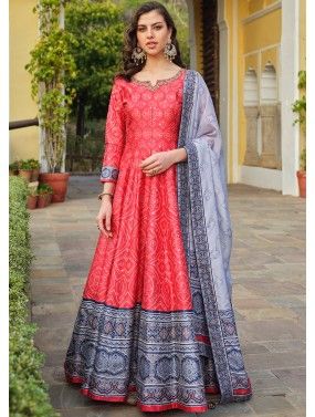 Red Cotton Readymade Anarkali Suit In Digital Print