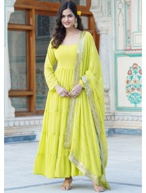 Fluorescent Green Anarkali Suit With Embroidered Dupatta