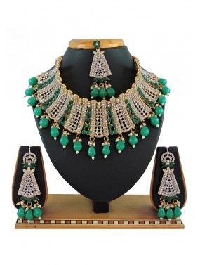 Green Beads & Stone Studded Necklace Set