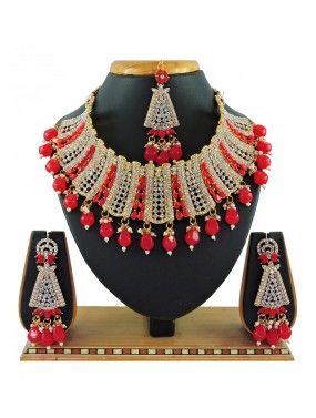 Red Beads & Stone Studded Necklace Set