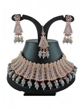Stone & Beads Studded Necklace in Grey