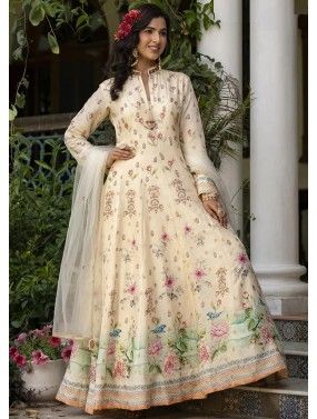 Cream Floral Printed Anarkali Suit Set