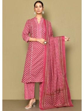 Pink Readymade Cotton Anarkali Suit In Print