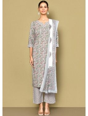 Grey Readymade Printed Cotton Pant Suit In Print