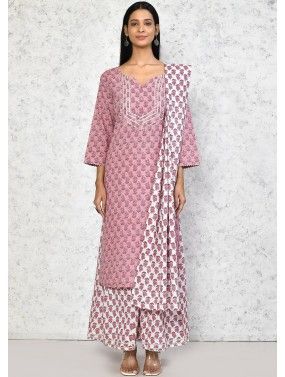 Pink Readymade Cotton Pant Suit In Print
