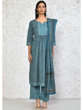Blue Readymade Digital Printed Cotton Anarkali Suit Set