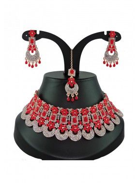 Red Studded Stone Necklace Set
