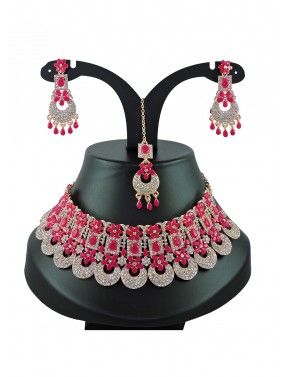 Pink Stone Studded Necklace Set