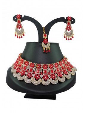 Red & White Stone Studded Necklace Set