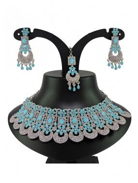 Blue & White Stone Studded Necklace Set