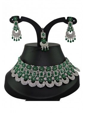 Green & White Necklace Set In Studded Stone
